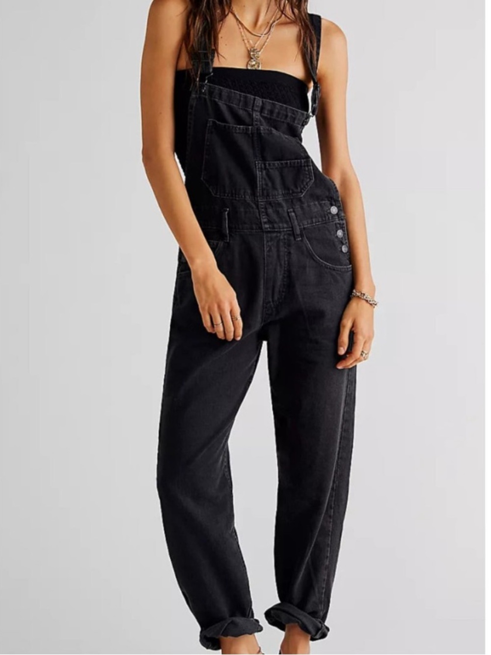 Free People Black Denim Overalls